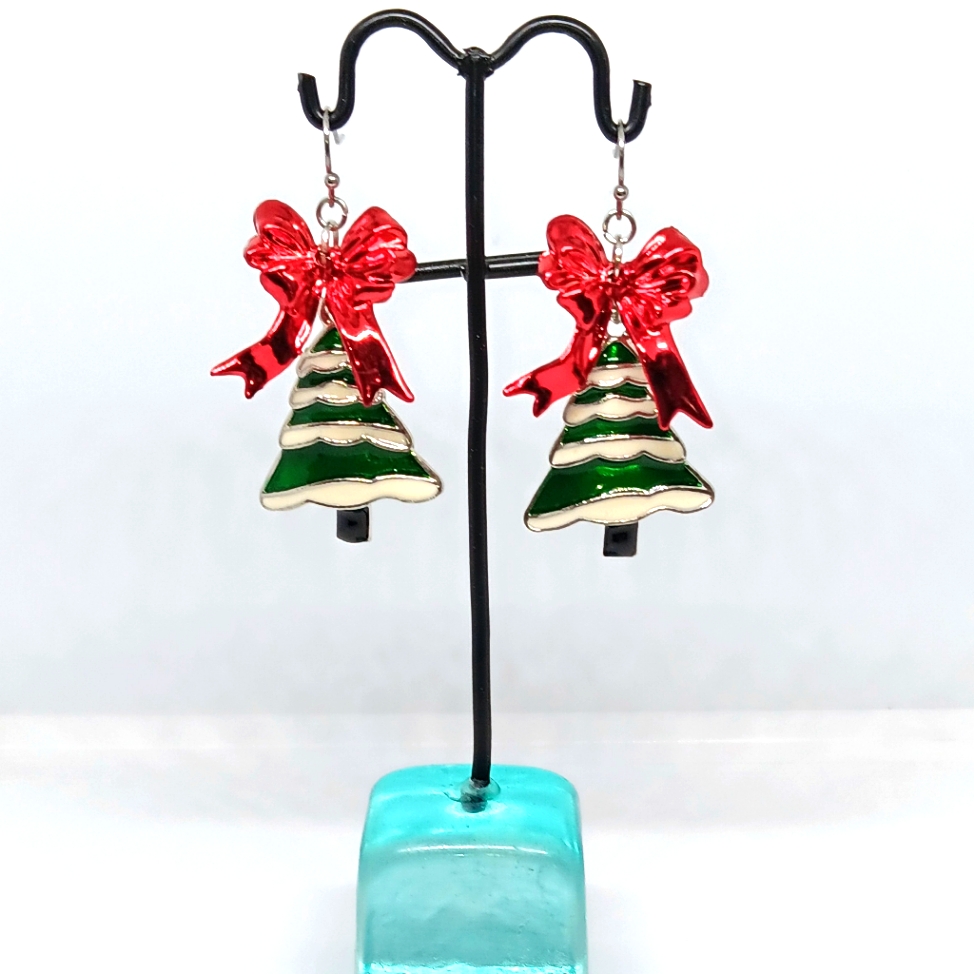 Handmade Snow Covered Christmas Tree With Big Red Bow Topper Dangle Earrings